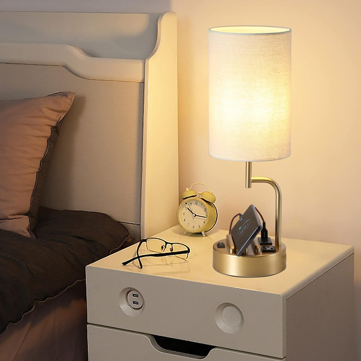 Table Lamp with 3 USB Charging Ports, Modern Desk Lamp with AC Outlet and Phone Stands, Perfect Bedside Lamp for Bedroom, Living Room, Office (Pack of 2), Cream