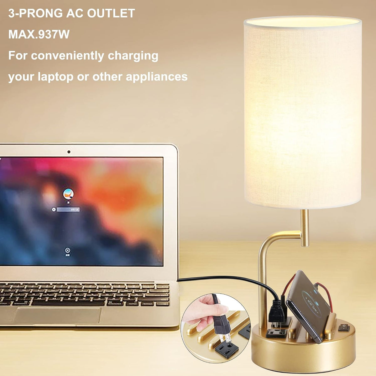 Table Lamp with 3 USB Charging Ports, Modern Desk Lamp with AC Outlet and Phone Stands, Perfect Bedside Lamp for Bedroom, Living Room, Office (Pack of 2), Cream