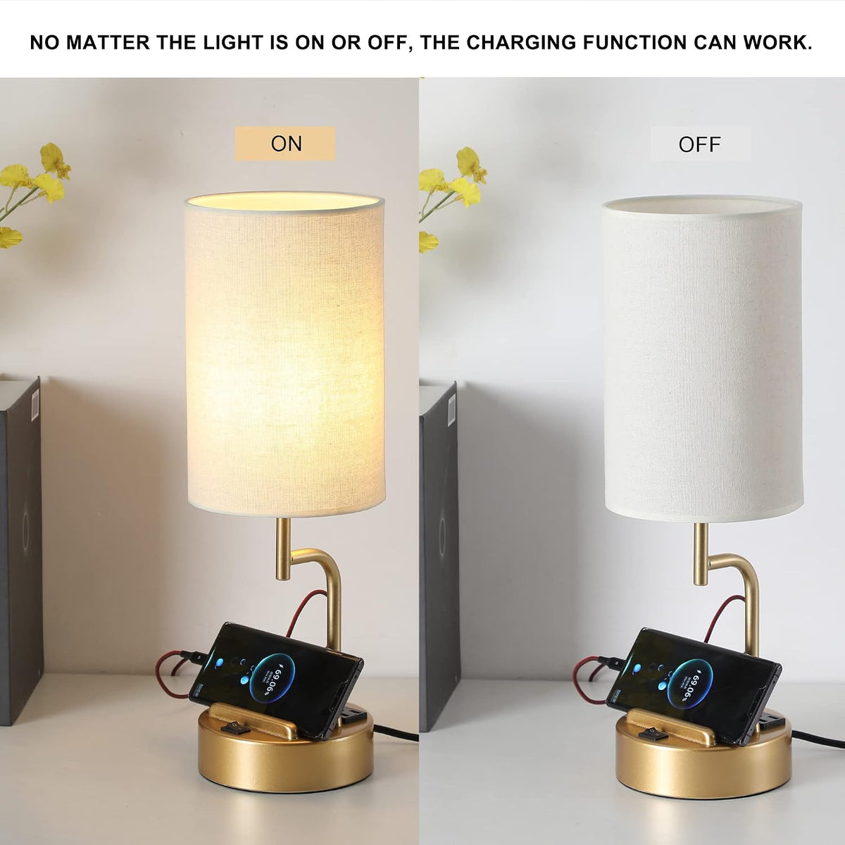 Table Lamp with 3 USB Charging Ports, Modern Desk Lamp with AC Outlet and Phone Stands, Perfect Bedside Lamp for Bedroom, Living Room, Office (Pack of 2), Cream