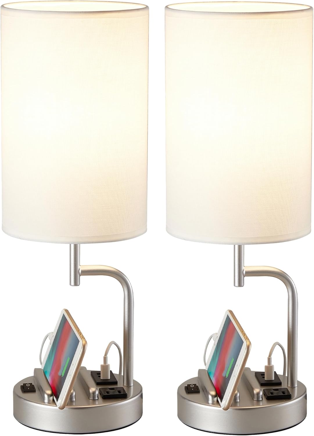 Table Lamp with 3 USB Charging Ports, Modern Desk Lamp with AC Outlet and Phone Stands, Perfect Bedside Lamp for Bedroom, Living Room, Office (Pack of 2), Cream