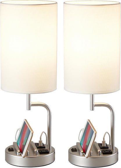 Table Lamp with 3 USB Charging Ports, Modern Desk Lamp with AC Outlet and Phone Stands, Perfect Bedside Lamp for Bedroom, Living Room, Office (Pack of 2), Cream
