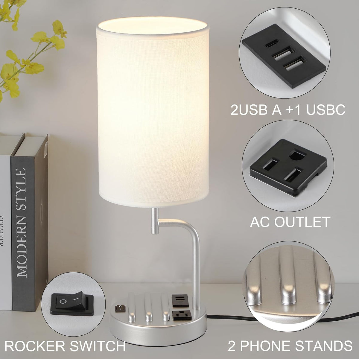 Table Lamp with 3 USB Charging Ports, Modern Desk Lamp with AC Outlet and Phone Stands, Perfect Bedside Lamp for Bedroom, Living Room, Office (Pack of 2), Cream