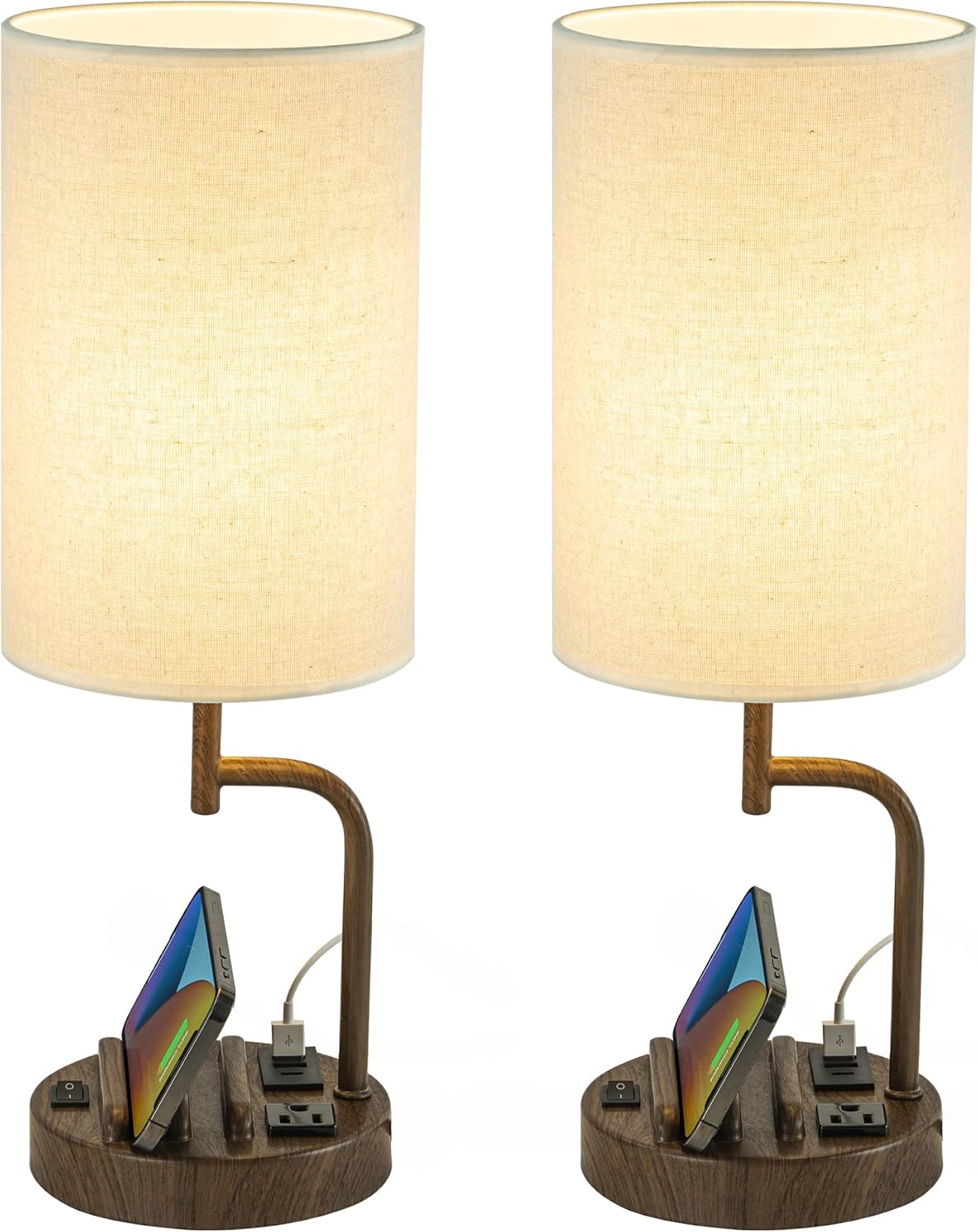 Table Lamp with 3 USB Charging Ports, Modern Desk Lamp with AC Outlet and Phone Stands, Perfect Bedside Lamp for Bedroom, Living Room, Office (Pack of 2), Cream