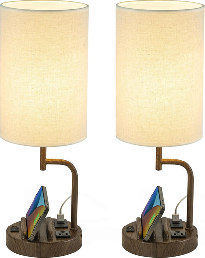 Table Lamp with 3 USB Charging Ports, Modern Desk Lamp with AC Outlet and Phone Stands, Perfect Bedside Lamp for Bedroom, Living Room, Office (Pack of 2), Cream