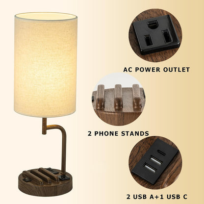 Table Lamp with 3 USB Charging Ports, Modern Desk Lamp with AC Outlet and Phone Stands, Perfect Bedside Lamp for Bedroom, Living Room, Office (Pack of 2), Cream