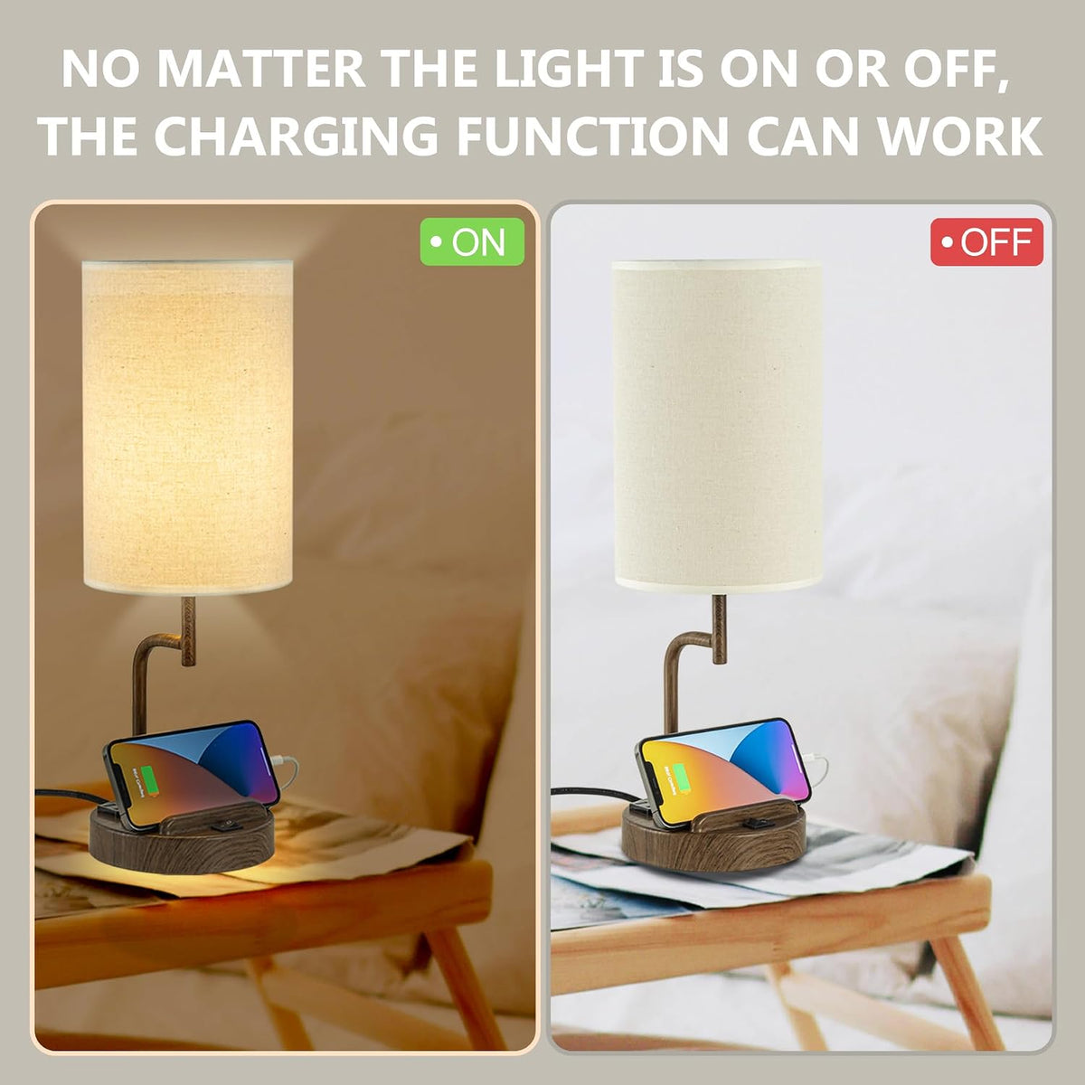 Table Lamp with 3 USB Charging Ports, Modern Desk Lamp with AC Outlet and Phone Stands, Perfect Bedside Lamp for Bedroom, Living Room, Office (Pack of 2), Cream