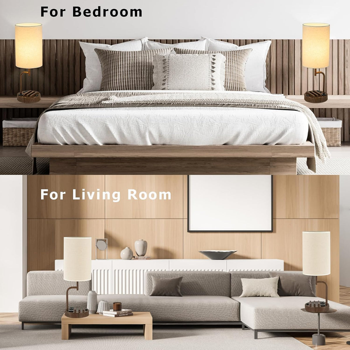 Table Lamp with 3 USB Charging Ports, Modern Desk Lamp with AC Outlet and Phone Stands, Perfect Bedside Lamp for Bedroom, Living Room, Office (Pack of 2), Cream