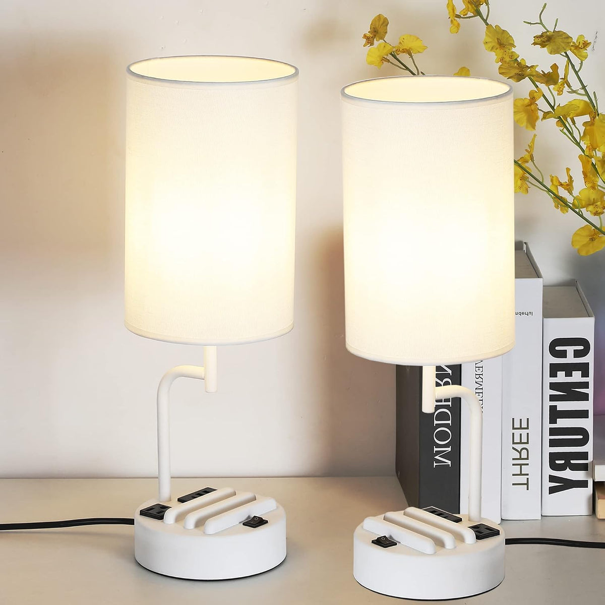 Table Lamp with 3 USB Charging Ports, Modern Desk Lamp with AC Outlet and Phone Stands, Perfect Bedside Lamp for Bedroom, Living Room, Office (Pack of 2), Cream