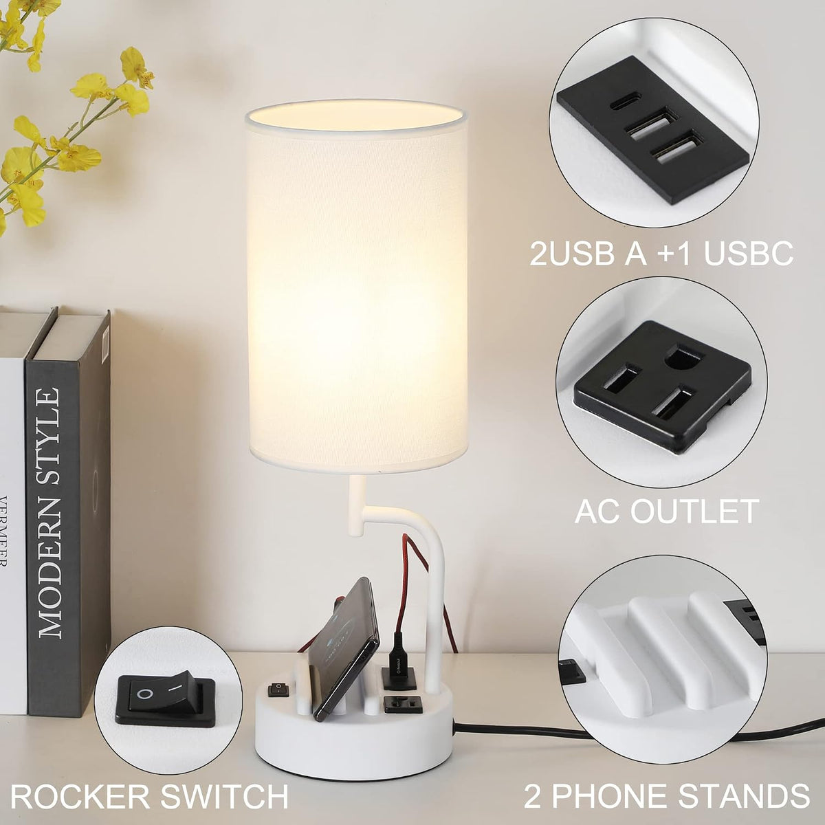 Table Lamp with 3 USB Charging Ports, Modern Desk Lamp with AC Outlet and Phone Stands, Perfect Bedside Lamp for Bedroom, Living Room, Office (Pack of 2), Cream