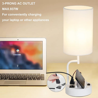 Table Lamp with 3 USB Charging Ports, Modern Desk Lamp with AC Outlet and Phone Stands, Perfect Bedside Lamp for Bedroom, Living Room, Office (Pack of 2), Cream