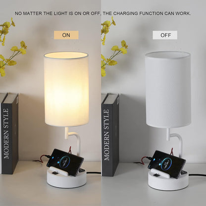 Table Lamp with 3 USB Charging Ports, Modern Desk Lamp with AC Outlet and Phone Stands, Perfect Bedside Lamp for Bedroom, Living Room, Office (Pack of 2), Cream