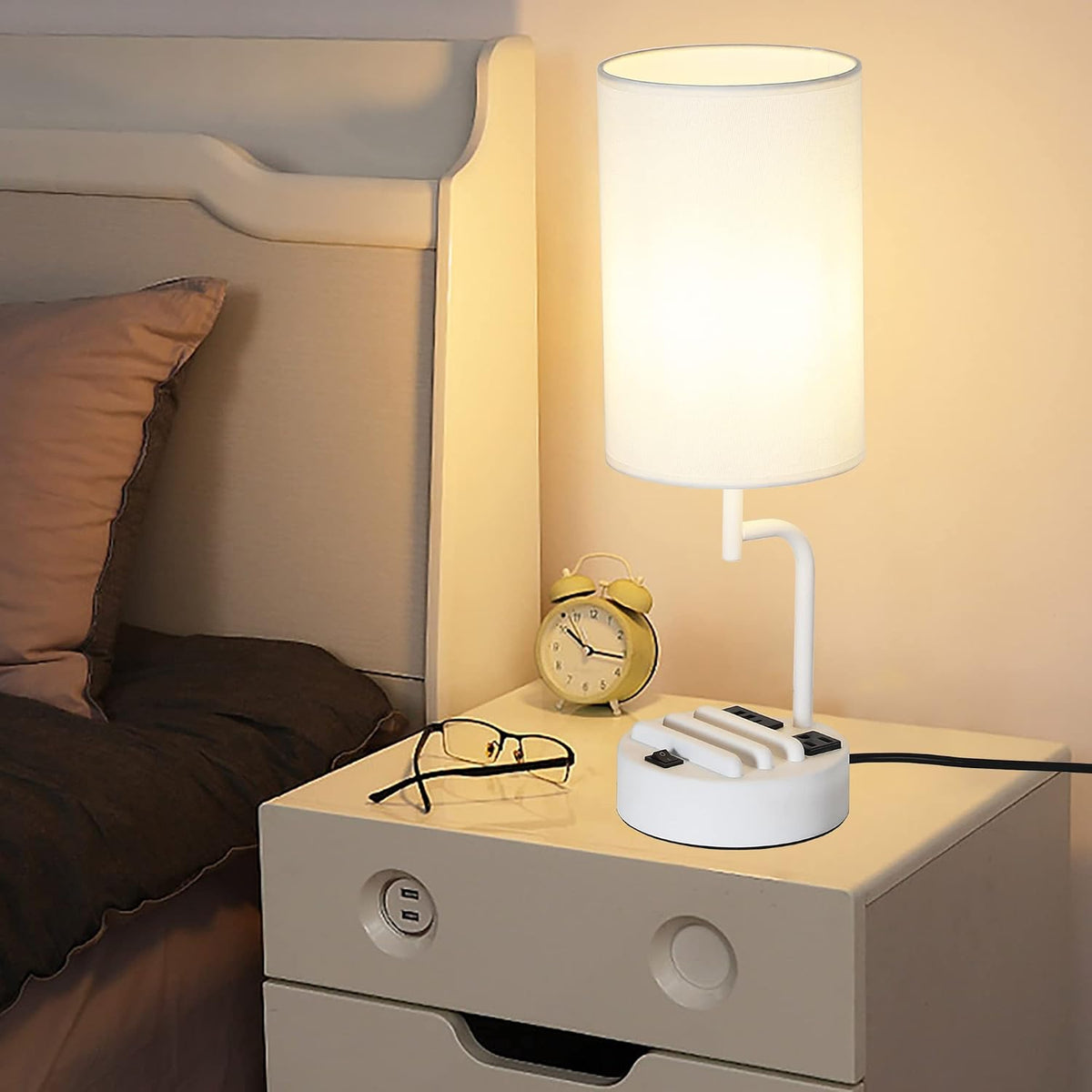 Table Lamp with 3 USB Charging Ports, Modern Desk Lamp with AC Outlet and Phone Stands, Perfect Bedside Lamp for Bedroom, Living Room, Office (Pack of 2), Cream