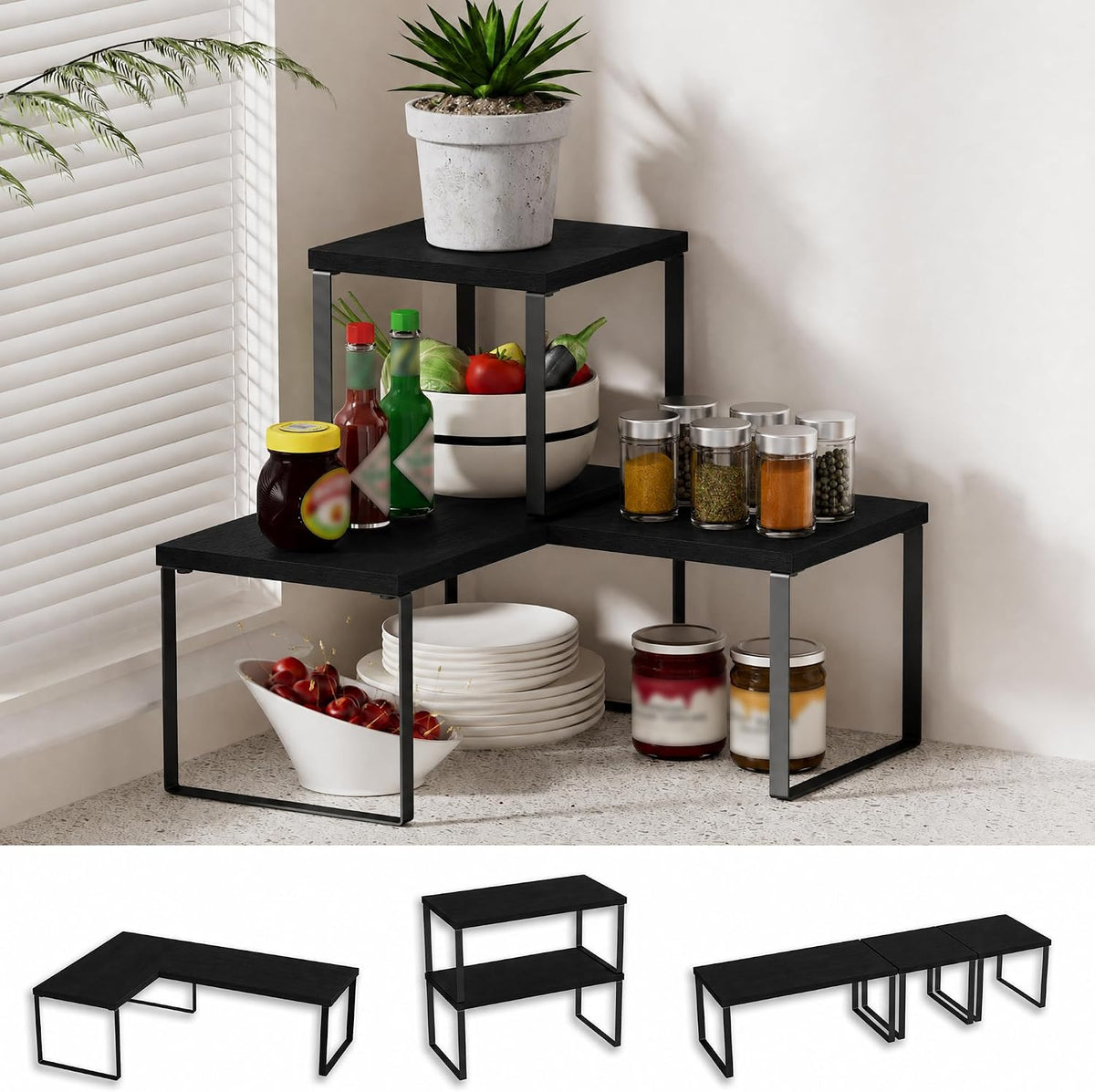 Countertop Shelf, Kitchen Counter Organizer, Adjustable, Stackable