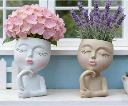 Thinking Face Planter, Funny Plant Pots, Cute Head Flower Pot with Drainage for Indoor Outdoor Succulent/Herb, Unique Minimalist White Vase, Garden Home Office Desk Shelf Art Decor, Women Gift 7"