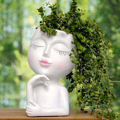 Thinking Face Planter, Funny Plant Pots, Cute Head Flower Pot with Drainage for Indoor Outdoor Succulent/Herb, Unique Minimalist White Vase, Garden Home Office Desk Shelf Art Decor, Women Gift 7"