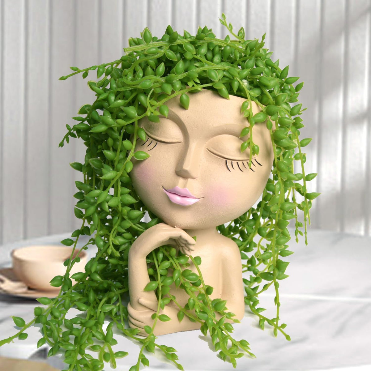 Thinking Face Planter, Funny Plant Pots, Cute Head Flower Pot with Drainage for Indoor Outdoor Succulent/Herb, Unique Minimalist White Vase, Garden Home Office Desk Shelf Art Decor, Women Gift 7"