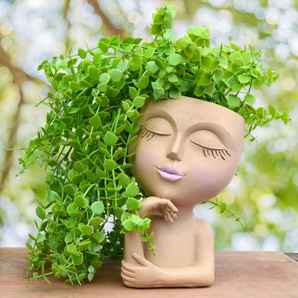 Thinking Face Planter, Funny Plant Pots, Cute Head Flower Pot with Drainage for Indoor Outdoor Succulent/Herb, Unique Minimalist White Vase, Garden Home Office Desk Shelf Art Decor, Women Gift 7"