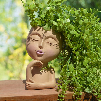 Thinking Face Planter, Funny Plant Pots, Cute Head Flower Pot with Drainage for Indoor Outdoor Succulent/Herb, Unique Minimalist White Vase, Garden Home Office Desk Shelf Art Decor, Women Gift 7"