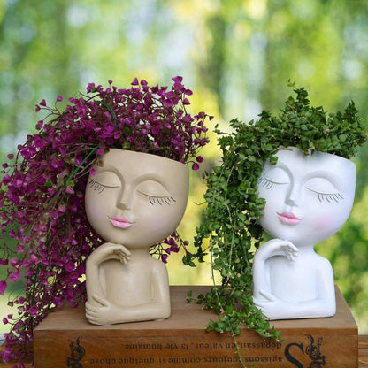 Thinking Face Planter, Funny Plant Pots, Cute Head Flower Pot with Drainage for Indoor Outdoor Succulent/Herb, Unique Minimalist White Vase, Garden Home Office Desk Shelf Art Decor, Women Gift 7"