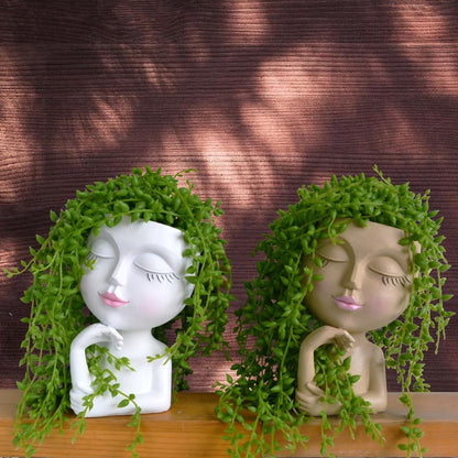 Thinking Face Planter, Funny Plant Pots, Cute Head Flower Pot with Drainage for Indoor Outdoor Succulent/Herb, Unique Minimalist White Vase, Garden Home Office Desk Shelf Art Decor, Women Gift 7"