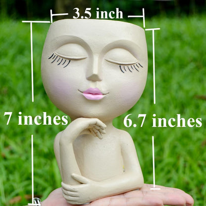 Thinking Face Planter, Funny Plant Pots, Cute Head Flower Pot with Drainage for Indoor Outdoor Succulent/Herb, Unique Minimalist White Vase, Garden Home Office Desk Shelf Art Decor, Women Gift 7"