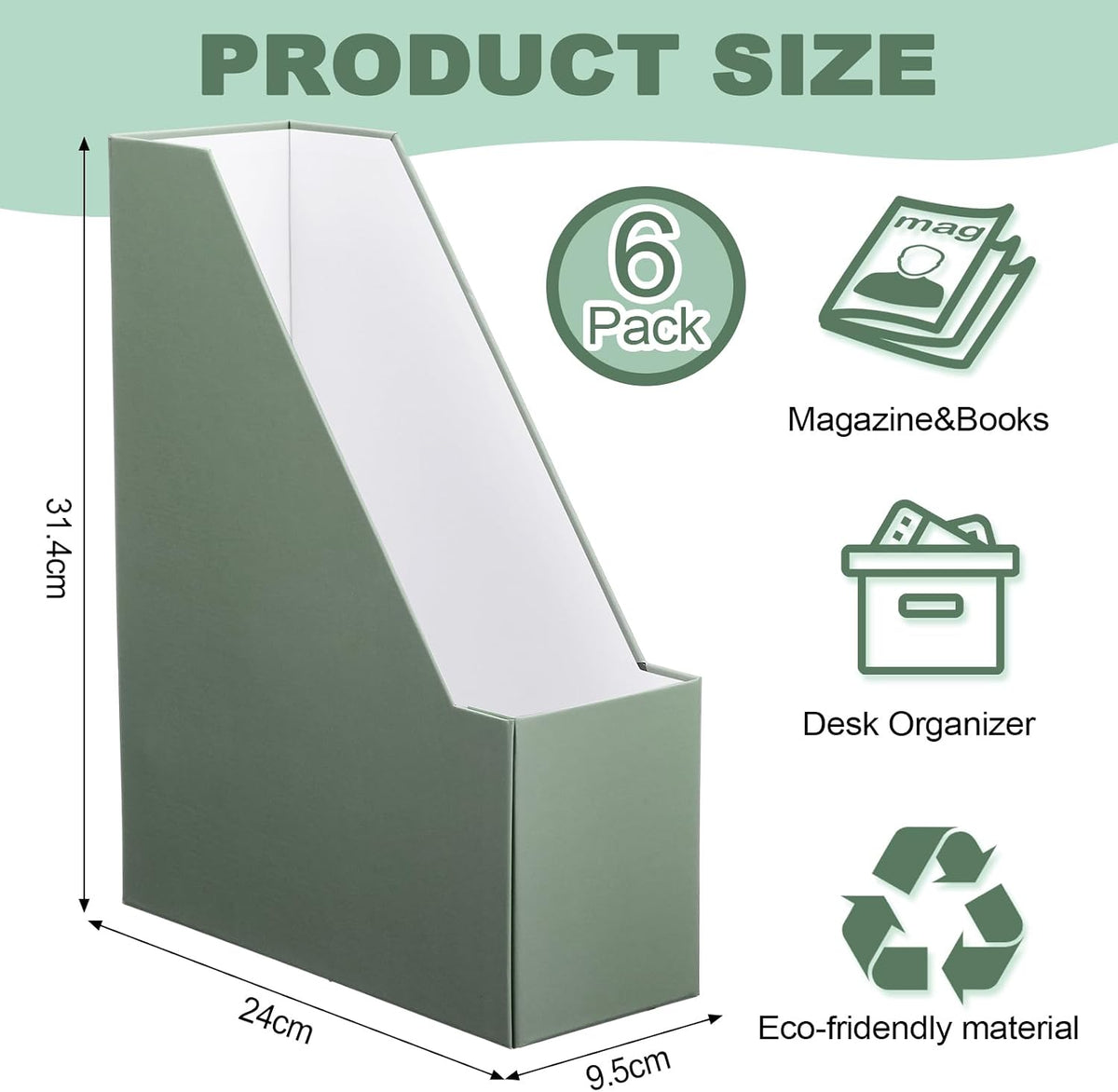 Magazine Holder Set of 6 Cardboard File Holder Desk, Sage Green