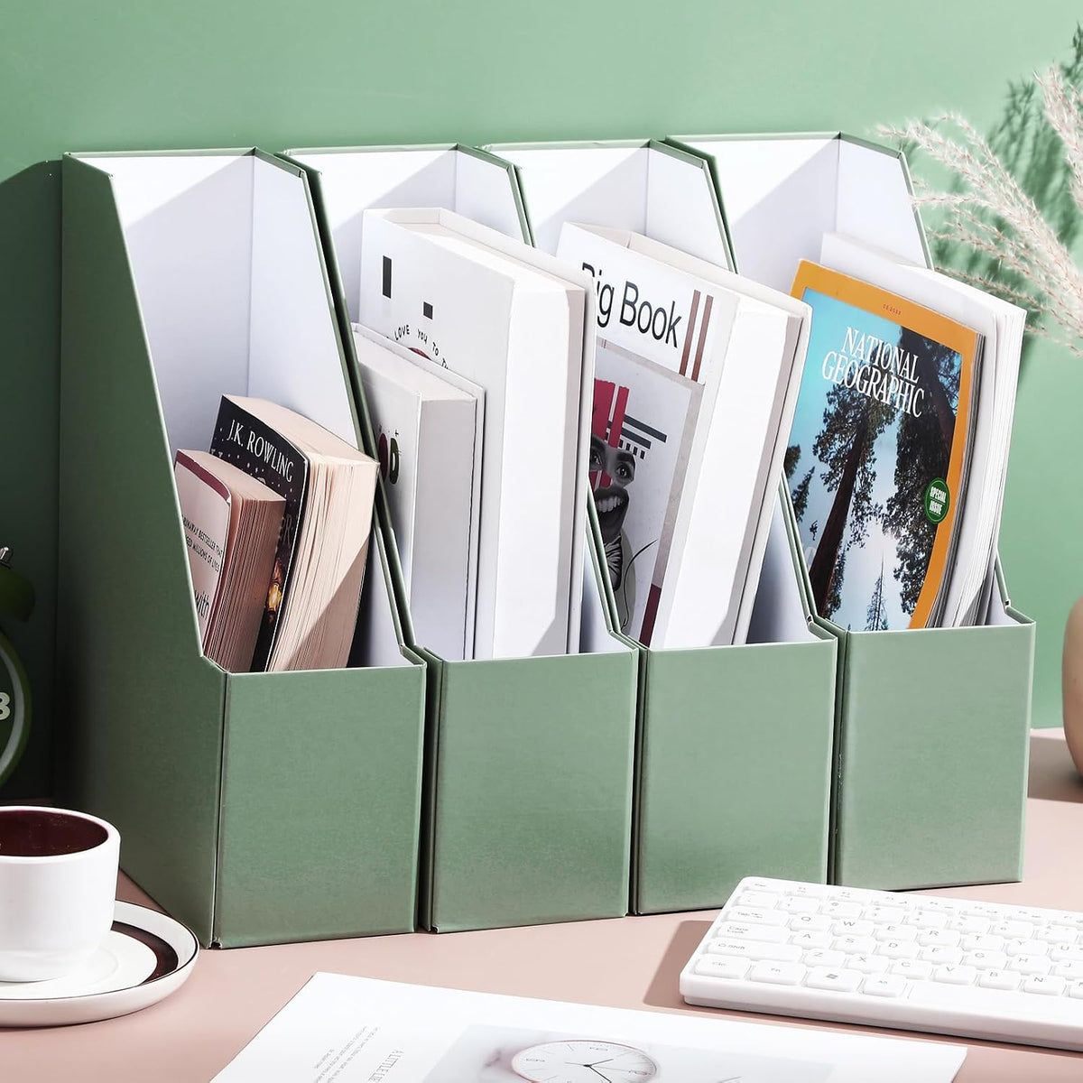 Magazine Holder Set of 6 Cardboard File Holder Desk, Sage Green