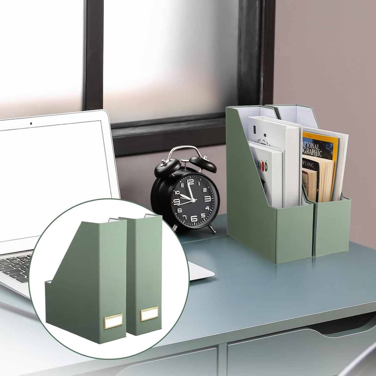 Magazine Holder Set of 6 Cardboard File Holder Desk, Sage Green
