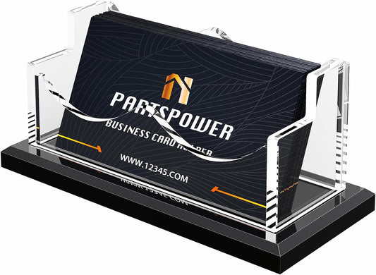 PARTSPOWER Acrylic Business Card Holder for Desk, Horizontal Clear Business Name Card Display, Black Acrylic Base, Desktop Accessory Business Name Card Organizers (1-Slot)