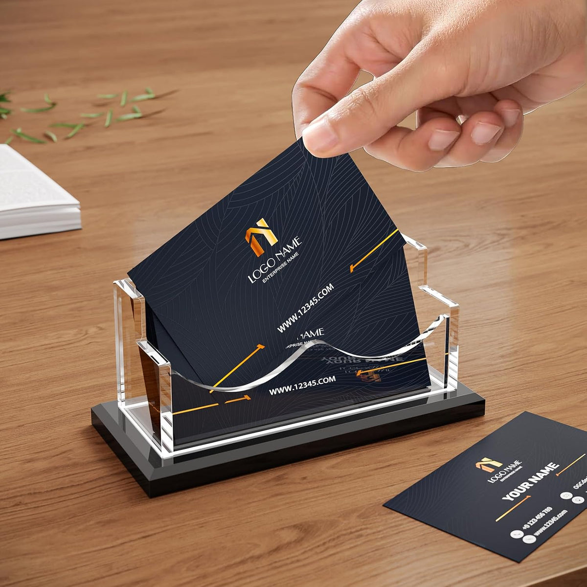 PARTSPOWER Acrylic Business Card Holder for Desk, Horizontal Clear Business Name Card Display, Black Acrylic Base, Desktop Accessory Business Name Card Organizers (1-Slot)