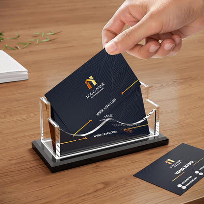 PARTSPOWER Acrylic Business Card Holder for Desk, Horizontal Clear Business Name Card Display, Black Acrylic Base, Desktop Accessory Business Name Card Organizers (1-Slot)
