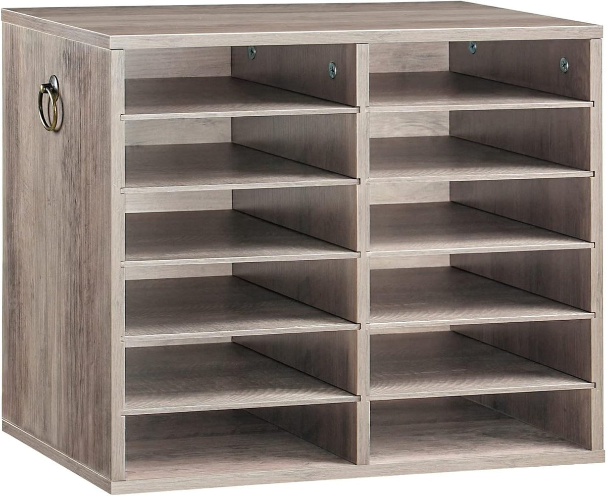 Literature Organizers, 12 Compartments Office Mailbox with Adjustable Shelves, Wood Countertop Literature Sorter for Office, Home, Classroom, Mailrooms Organization Greige BG12WF01