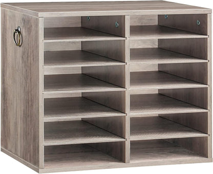 Literature Organizers, 12 Compartments Office Mailbox with Adjustable Shelves, Wood Countertop Literature Sorter for Office, Home, Classroom, Mailrooms Organization Greige BG12WF01