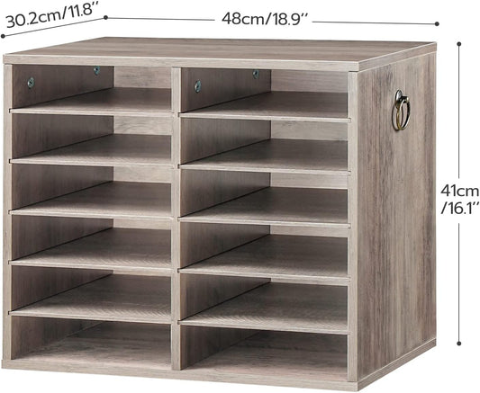 Literature Organizers, 12 Compartments Office Mailbox with Adjustable Shelves, Wood Countertop Literature Sorter for Office, Home, Classroom, Mailrooms Organization Greige BG12WF01