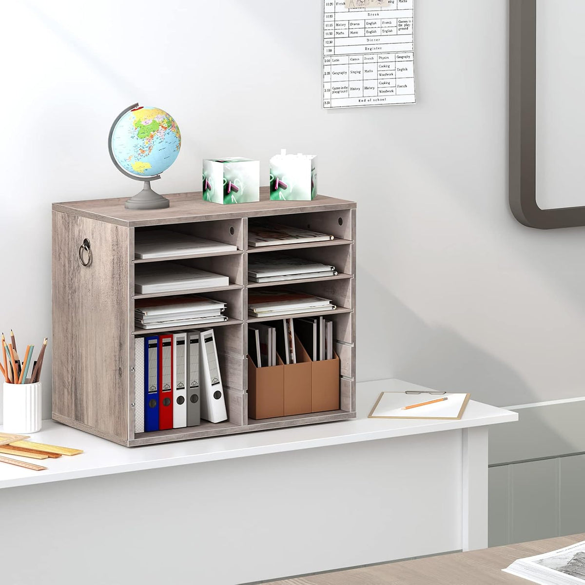 Literature Organizers, 12 Compartments Office Mailbox with Adjustable Shelves, Wood Countertop Literature Sorter for Office, Home, Classroom, Mailrooms Organization Greige BG12WF01
