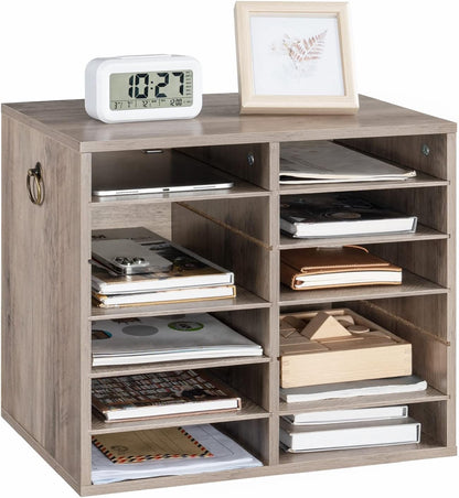 Literature Organizers, 12 Compartments Office Mailbox with Adjustable Shelves, Wood Countertop Literature Sorter for Office, Home, Classroom, Mailrooms Organization Greige BG12WF01