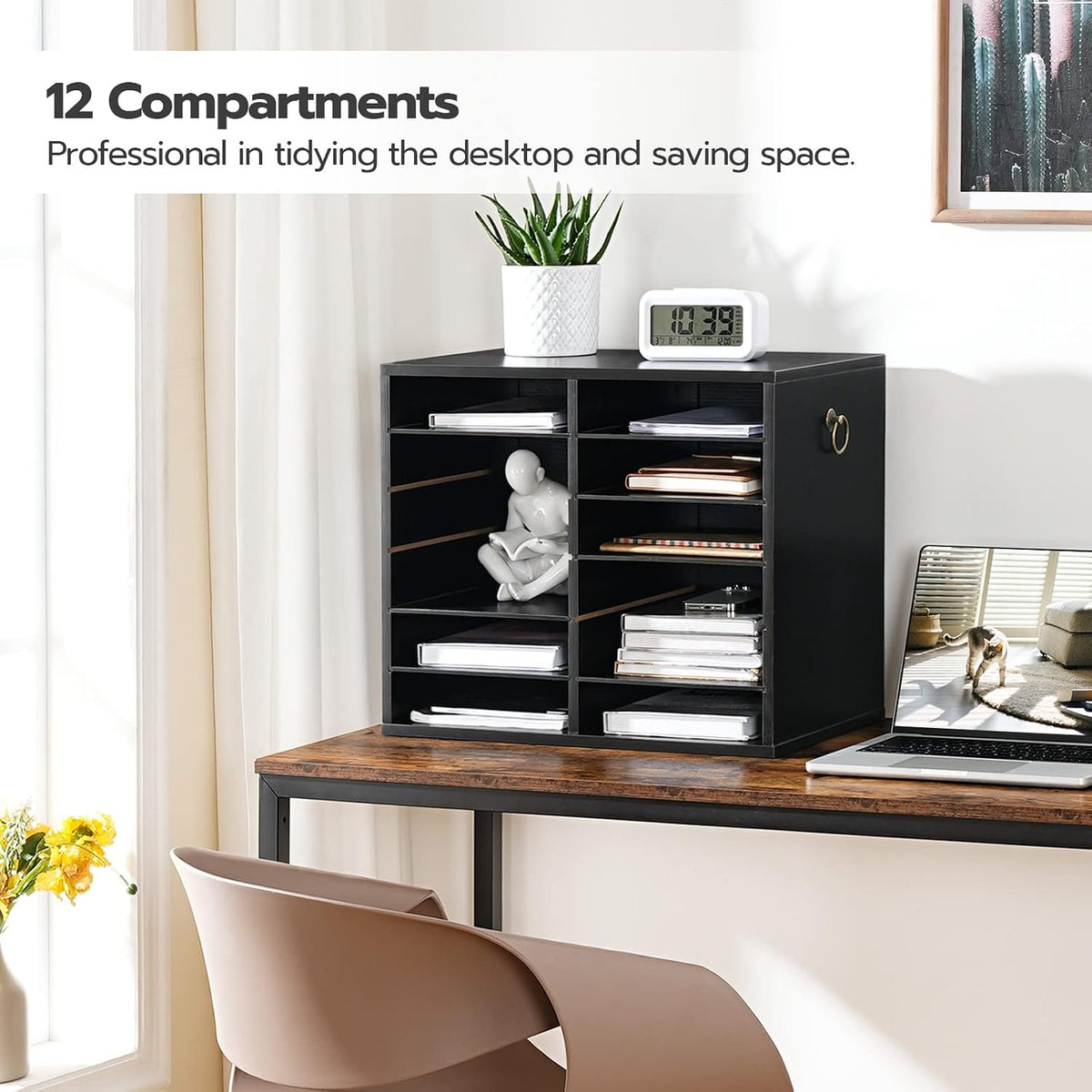 Literature Organizers, 12 Compartments Office Mailbox with Adjustable Shelves, Wood Countertop Literature Sorter for Office, Home, Classroom, Mailrooms Organization Greige BG12WF01