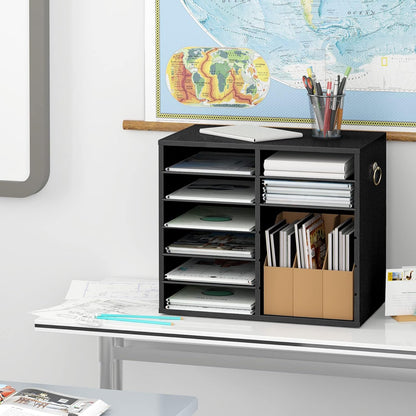 Literature Organizers, 12 Compartments Office Mailbox with Adjustable Shelves, Wood Countertop Literature Sorter for Office, Home, Classroom, Mailrooms Organization Greige BG12WF01