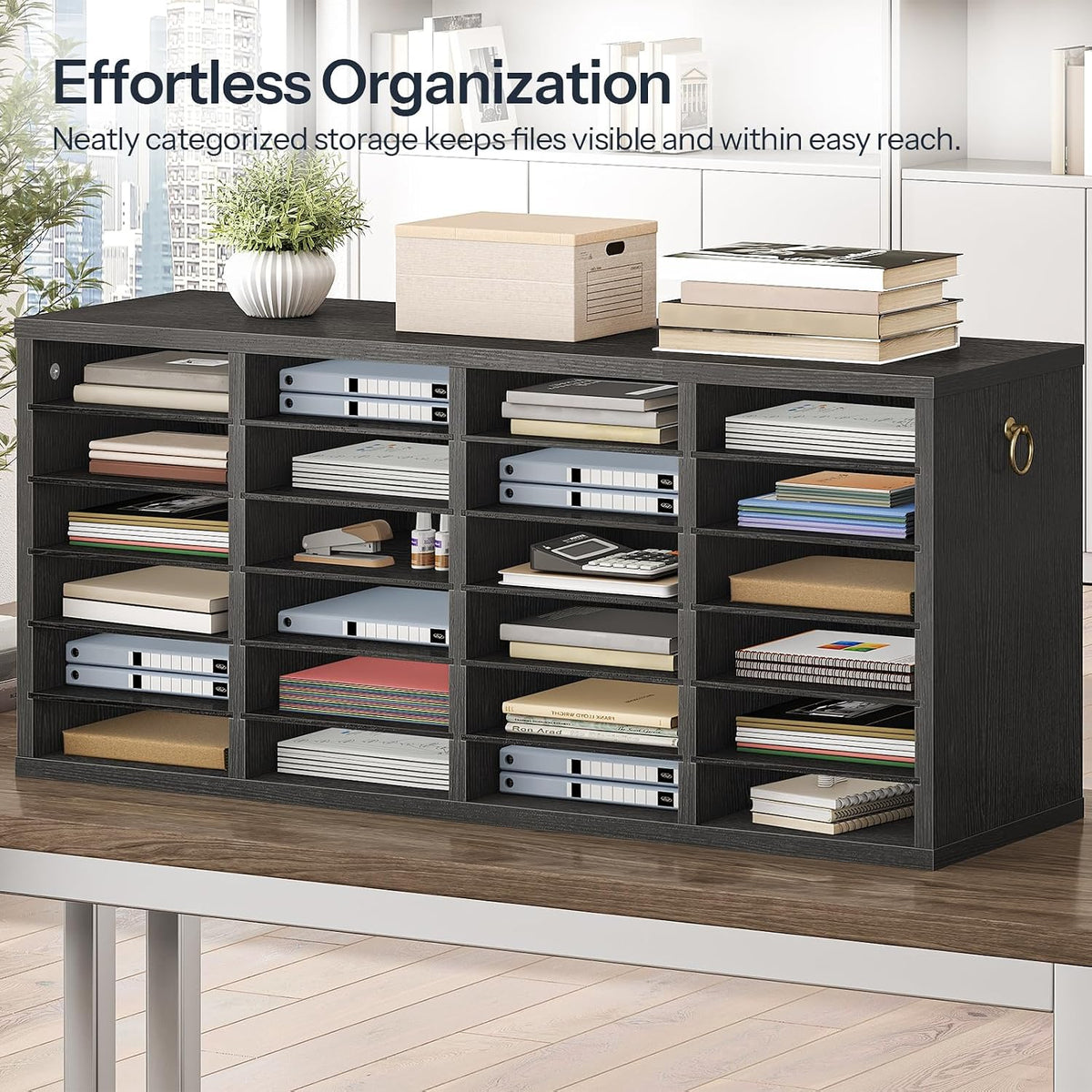 Literature Organizers, 12 Compartments Office Mailbox with Adjustable Shelves, Wood Countertop Literature Sorter for Office, Home, Classroom, Mailrooms Organization Greige BG12WF01