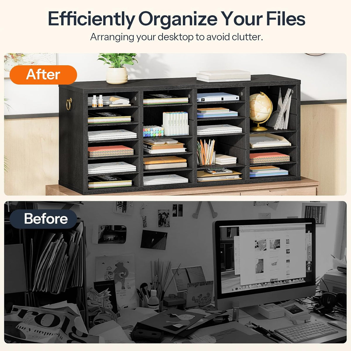 Literature Organizers, 12 Compartments Office Mailbox with Adjustable Shelves, Wood Countertop Literature Sorter for Office, Home, Classroom, Mailrooms Organization Greige BG12WF01