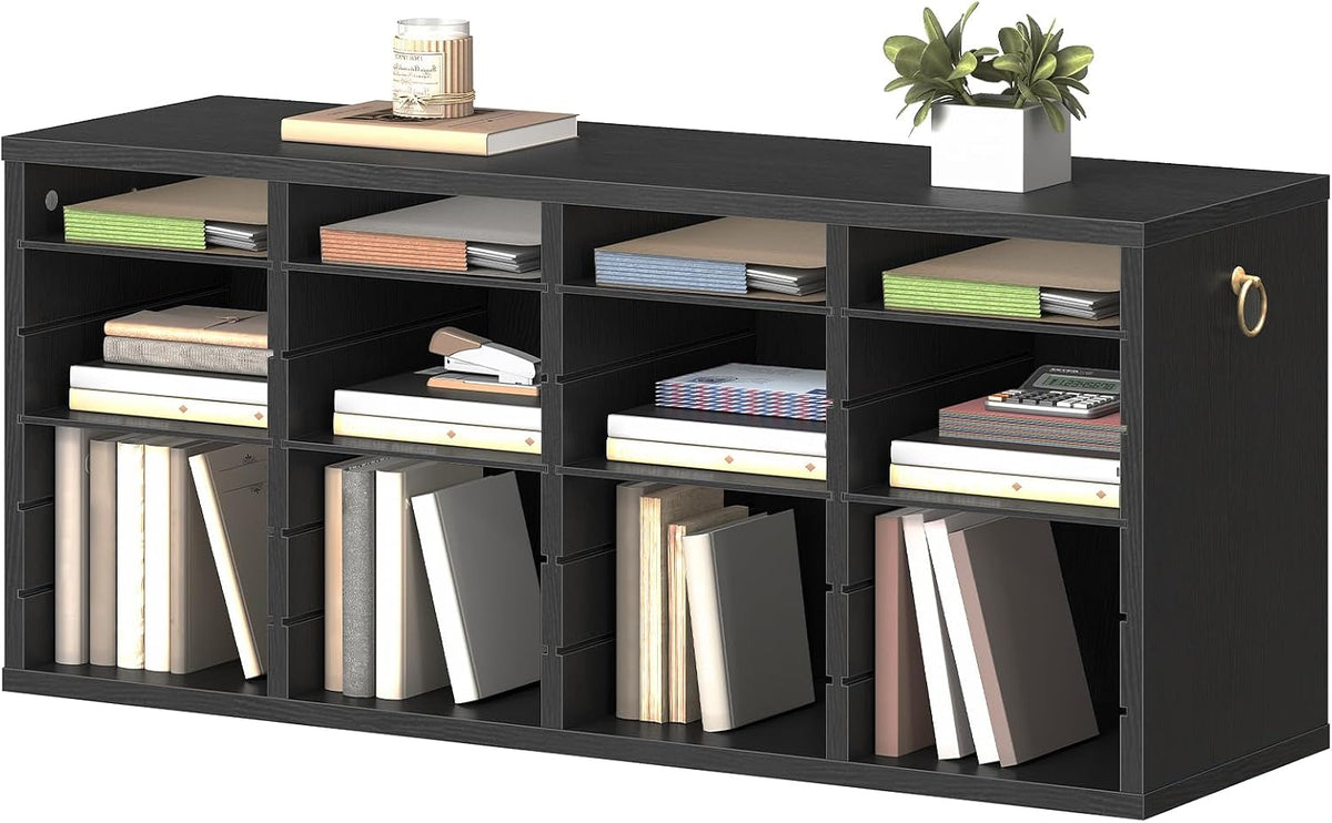 Literature Organizers, 12 Compartments Office Mailbox with Adjustable Shelves, Wood Countertop Literature Sorter for Office, Home, Classroom, Mailrooms Organization Greige BG12WF01