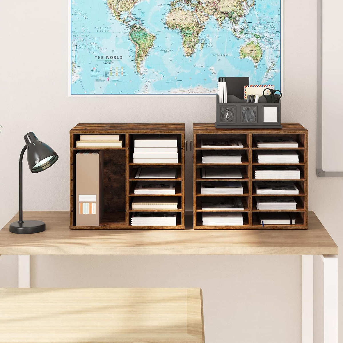 Literature Organizers, 12 Compartments Office Mailbox with Adjustable Shelves, Wood Countertop Literature Sorter for Office, Home, Classroom, Mailrooms Organization Greige BG12WF01