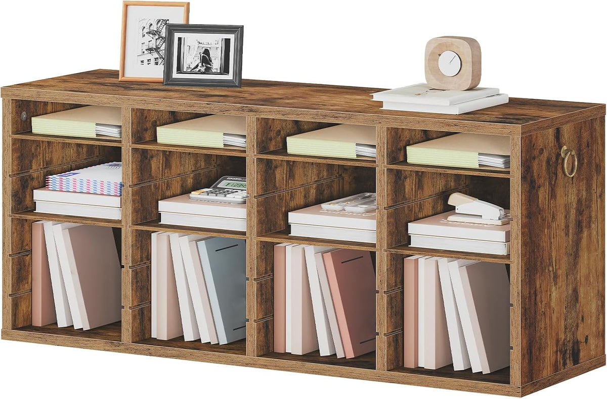 Literature Organizers, 12 Compartments Office Mailbox with Adjustable Shelves, Wood Countertop Literature Sorter for Office, Home, Classroom, Mailrooms Organization Greige BG12WF01