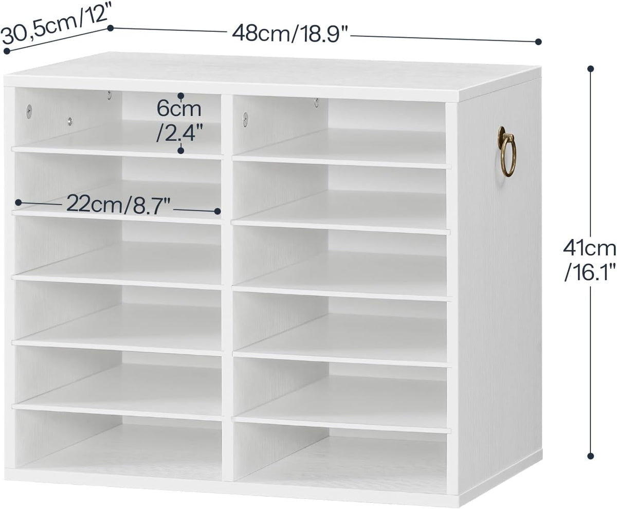 Literature Organizers, 12 Compartments Office Mailbox with Adjustable Shelves, Wood Countertop Literature Sorter for Office, Home, Classroom, Mailrooms Organization Greige BG12WF01