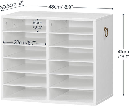 Literature Organizers, 12 Compartments Office Mailbox with Adjustable Shelves, Wood Countertop Literature Sorter for Office, Home, Classroom, Mailrooms Organization Greige BG12WF01