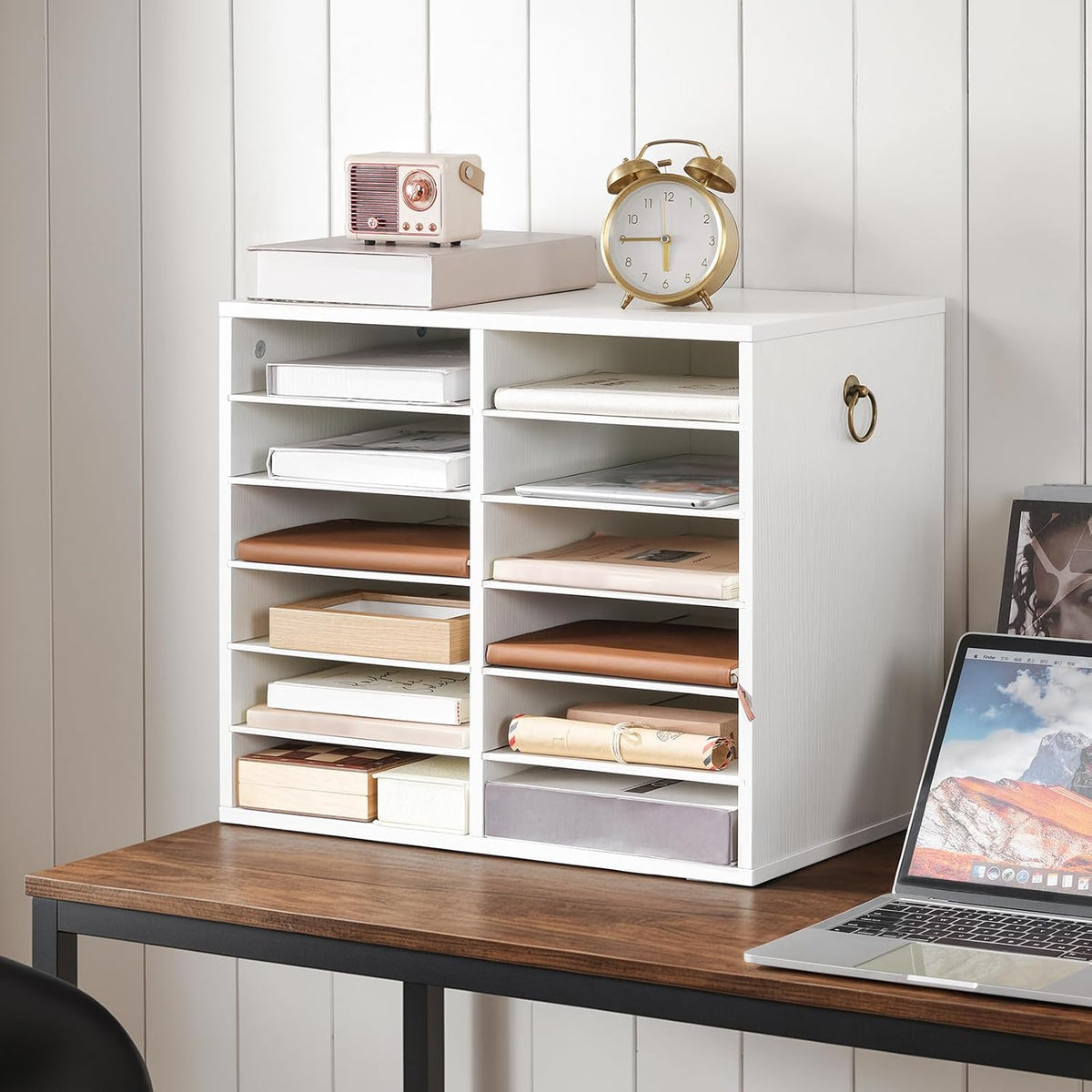 Literature Organizers, 12 Compartments Office Mailbox with Adjustable Shelves, Wood Countertop Literature Sorter for Office, Home, Classroom, Mailrooms Organization Greige BG12WF01