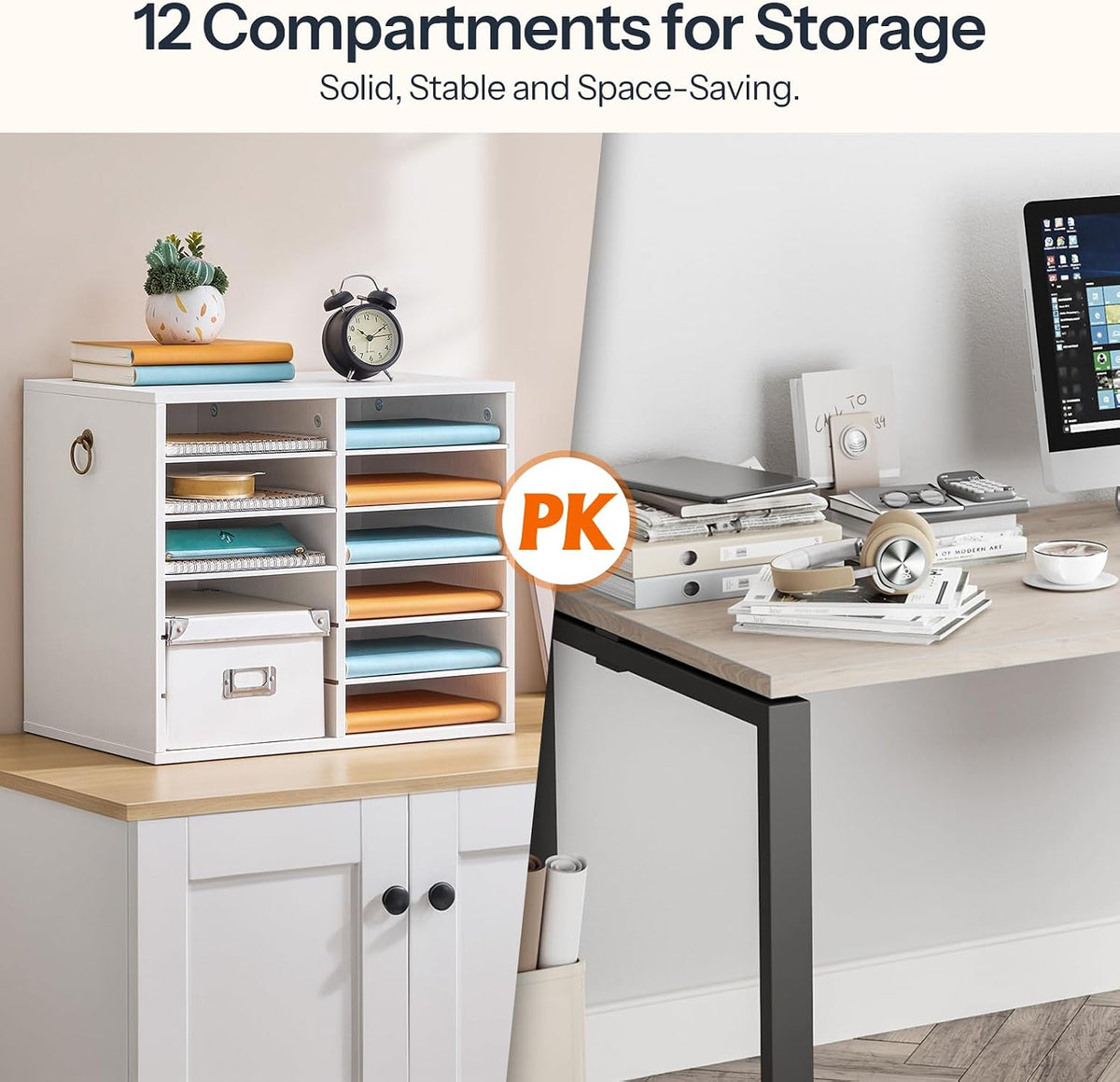 Literature Organizers, 12 Compartments Office Mailbox with Adjustable Shelves, Wood Countertop Literature Sorter for Office, Home, Classroom, Mailrooms Organization Greige BG12WF01