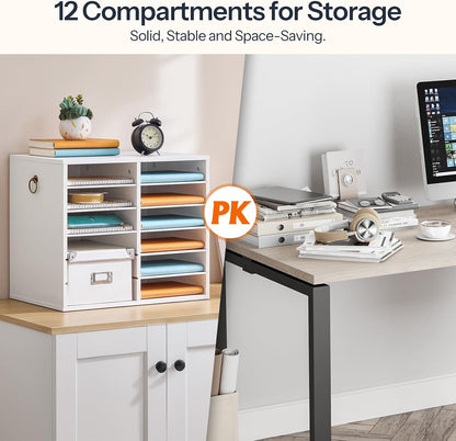 Literature Organizers, 12 Compartments Office Mailbox with Adjustable Shelves, Wood Countertop Literature Sorter for Office, Home, Classroom, Mailrooms Organization Greige BG12WF01