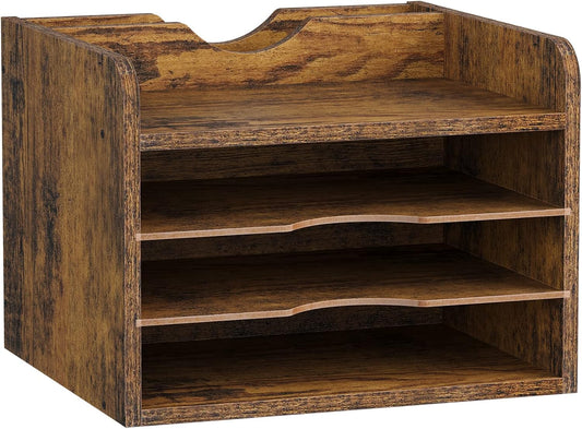 Vintage Wood File Organizer Desktop, 13.4’’ Document Letter Mail Tray Sorter with 3 Adjustable Shelves, Wooden Desktop Paper File Sorter Holder (Rustic Brown, 13.78’’L x 11.81’’W x 11.02’’H)