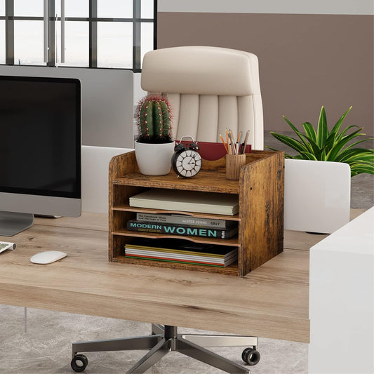 Vintage Wood File Organizer Desktop, 13.4’’ Document Letter Mail Tray Sorter with 3 Adjustable Shelves, Wooden Desktop Paper File Sorter Holder (Rustic Brown, 13.78’’L x 11.81’’W x 11.02’’H)